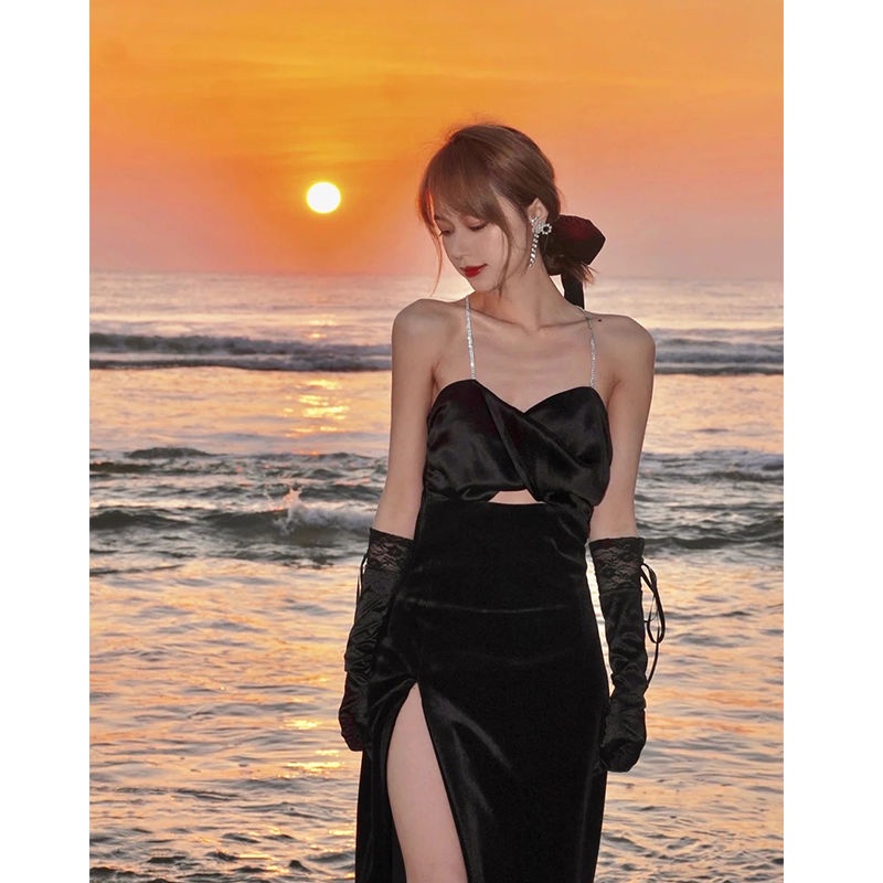 [F &amp; X ss] Đầm Nhung Hai Dây Màu Vàng Kim Phong Cách Pháp Mùa Đông Nhẹ Nhàng Chất Lượng Cao Cho Nữ 2021