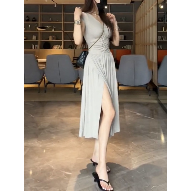 Đầm Dài Không Tay Cổ Chữ V Thiết Kế Mỏng Quyến Rũ Thời Trang Mùa Hè Theo Phong Cách Pháp Cho Nữ