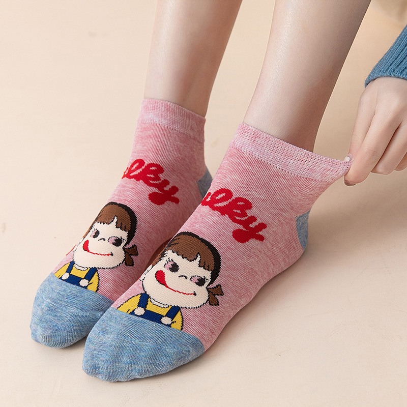 5 Pairs/Set Kawaii Women Ankle Socks Japanese Cartoon Characters Milk Girl Female Cotton Short Socks Colorful Tube Socks