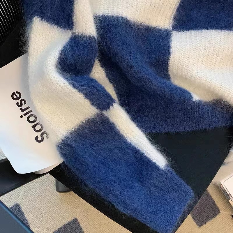 Áo Len Sáp Mềm Dáng Rộng Tay Dài Họa Tiết Kẻ Ô Màu Tương Phản Thời Trang Mùa Thu Cho Bạn Gái