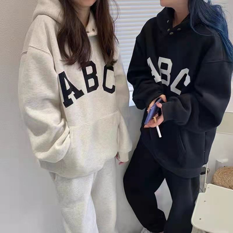 Áo hoodie in chữ ABC hai màu xám / đen dáng rộng ấm áp thời trang có tùy chọn lót lông
