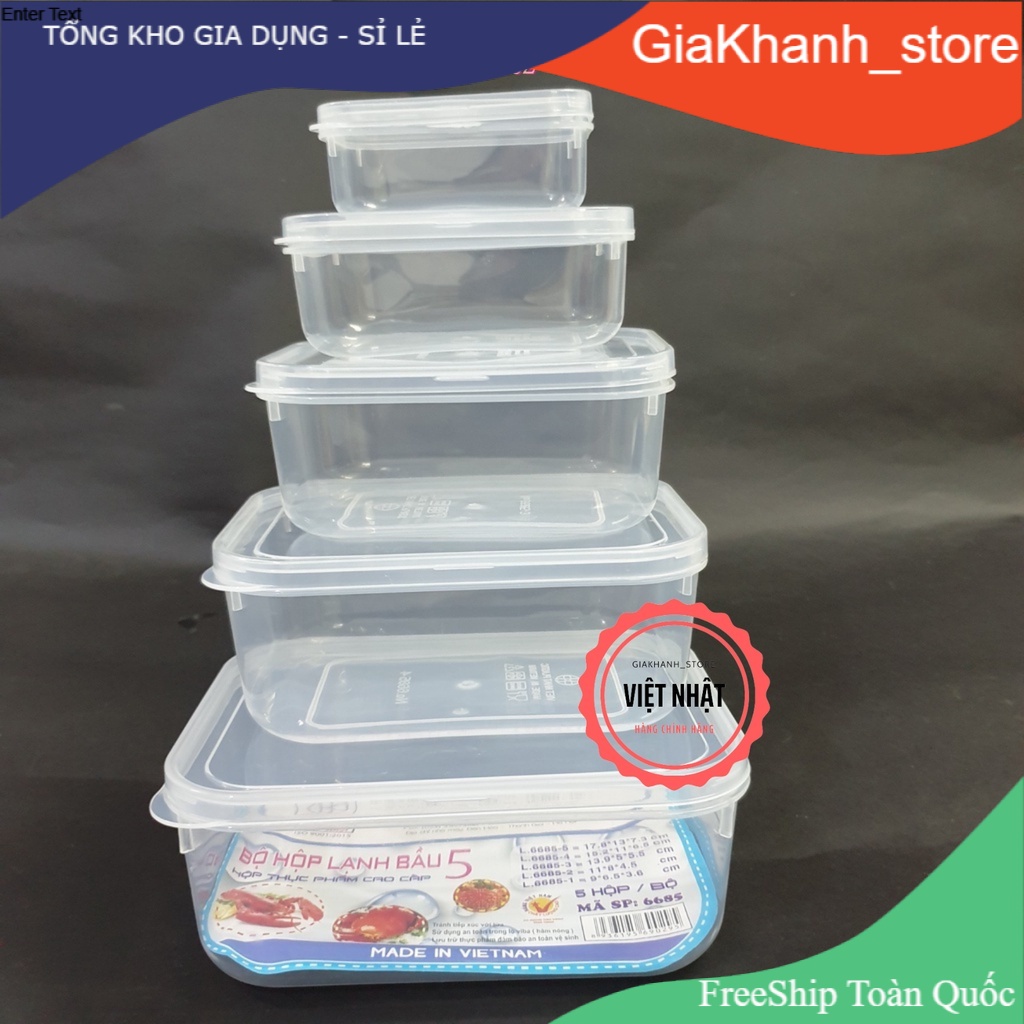 [Combo bộ 5] Hộp Đựng Thực Phẩm Việt Nhật Có Nắp Gài Tiện Dụng - Bộ 5 hộp hình chữ nhật mã số 6685