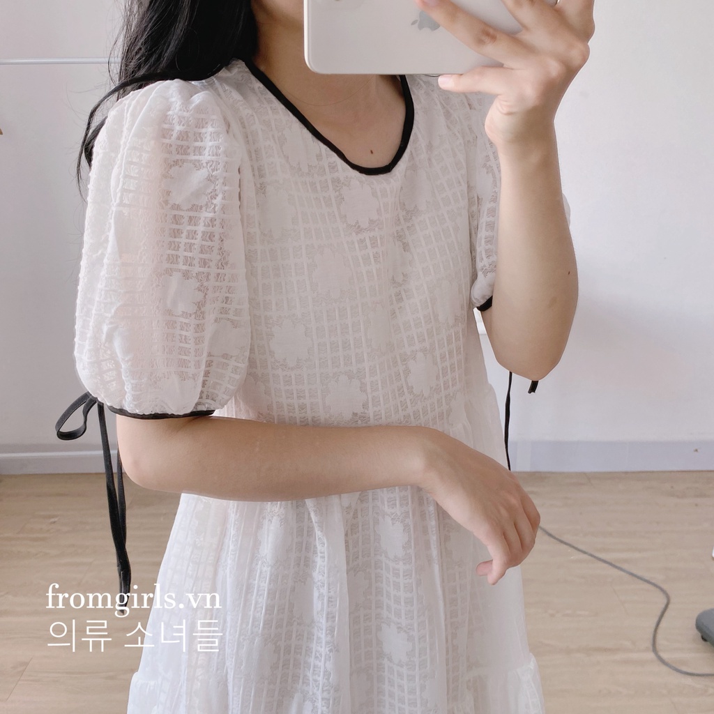 Đầm babydoll dáng dài, váy babydoll hoa nổi hai lớp tay phồng - V84