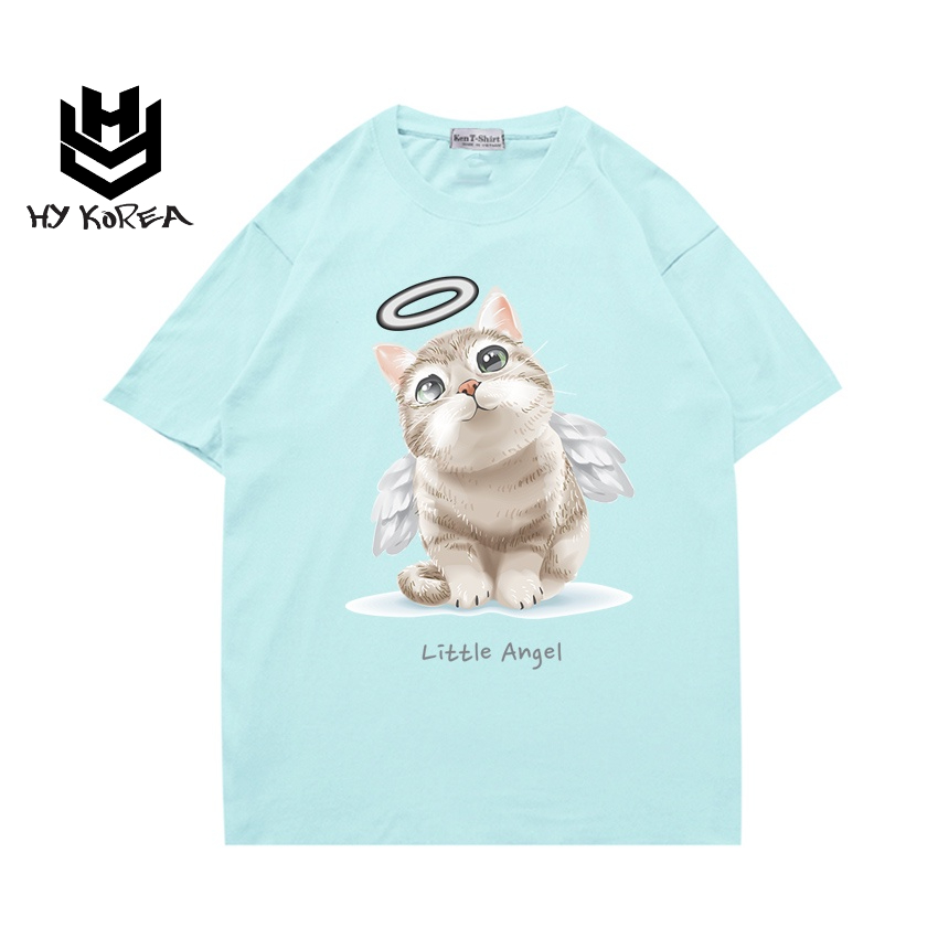 Áo thun nữ cute tay ngắn HY KOREA Vải cotton 75 dày form rộng in hình Mèo Angel 507