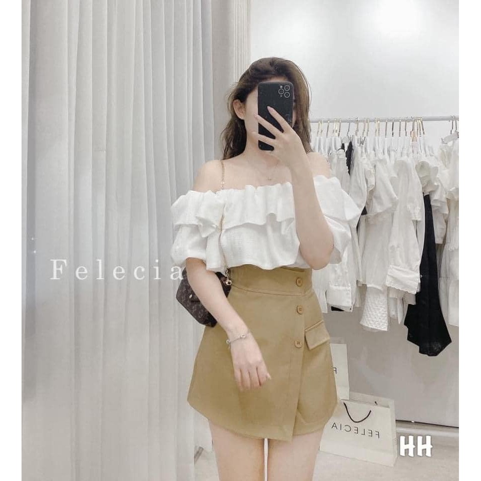 Set Áo Trắng Bệt Vai Bèo Chân Váy Nude Đắp Túi