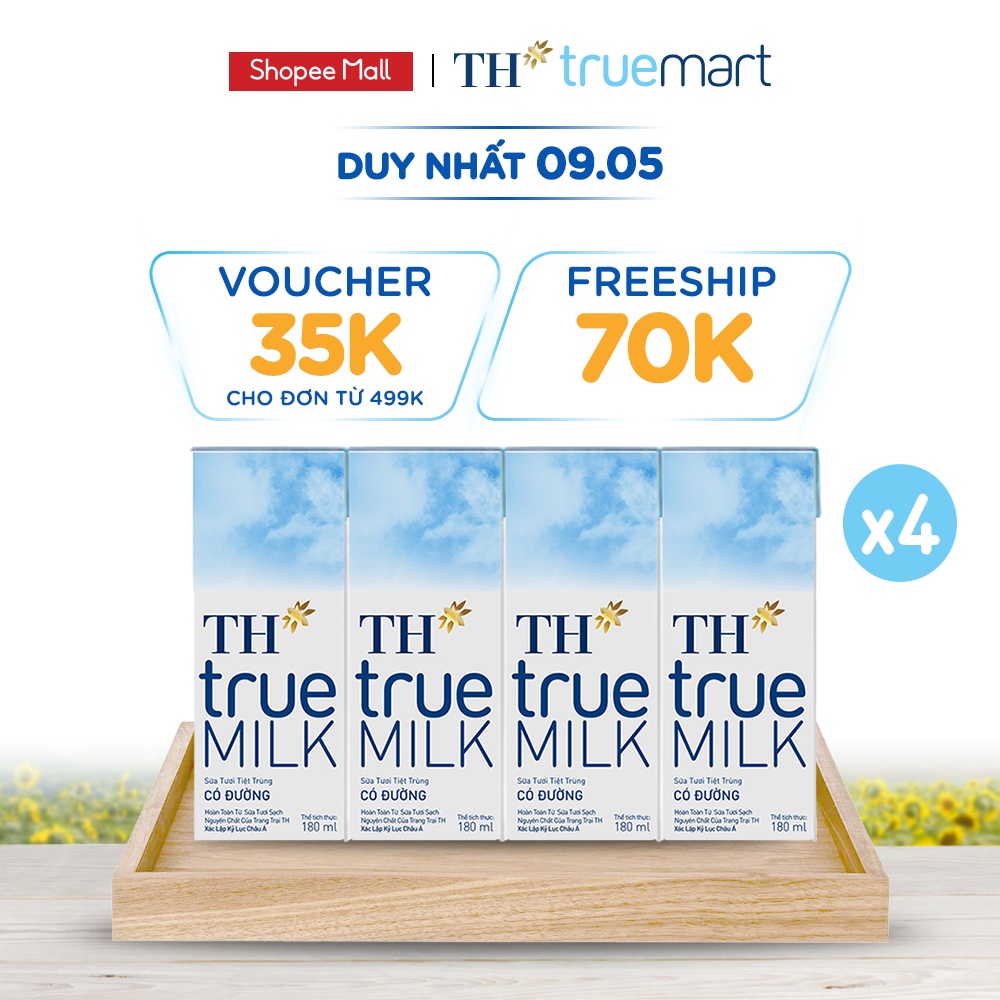 4 Lốc sữa tươi tiệt trùng có đường TH True Milk 180ml (180ml x 4 hộp)