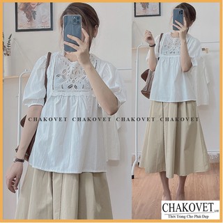 Áo babydoll trắng cổ thêu hoa tay bồng nhẹ nhàng dáng Hàn Quốc cka816, kiểu áo sơ mi nữ tay ngắn