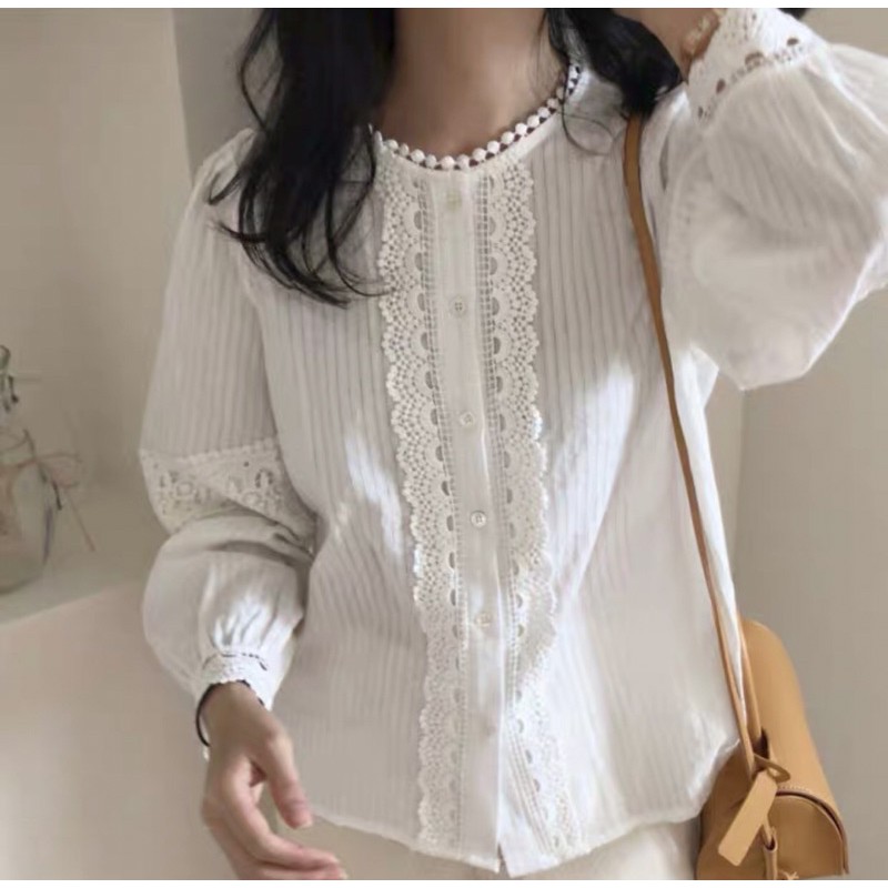 [Ảnh thật/Video] Áo sơ mi nữ cổ hạt gạo cách điệu viền ren cài cúc phong cách Hàn Quốc áo sơ mi trắng trẻ trung | BigBuy360 - bigbuy360.vn