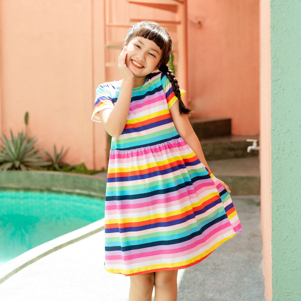 Đầm cho bé gái in sọc trắng, váy đầm bé gái 100% cotton thoáng mát, 20-40 kg, KYO293, K5