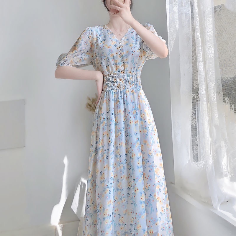 Đầm PERTY chiffon tay dài họa tiết hoa thời trang Hàn Quốc xinh xắn dành cho nữ