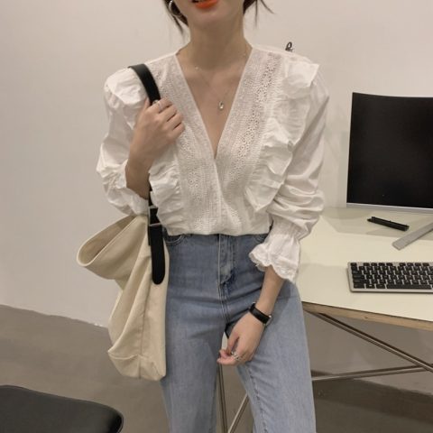 Áo Sơ Mi Nữ Tay Dài Cổ Chữ v Phối Ren Phong Cách Hàn Quốc Quyến Rũ