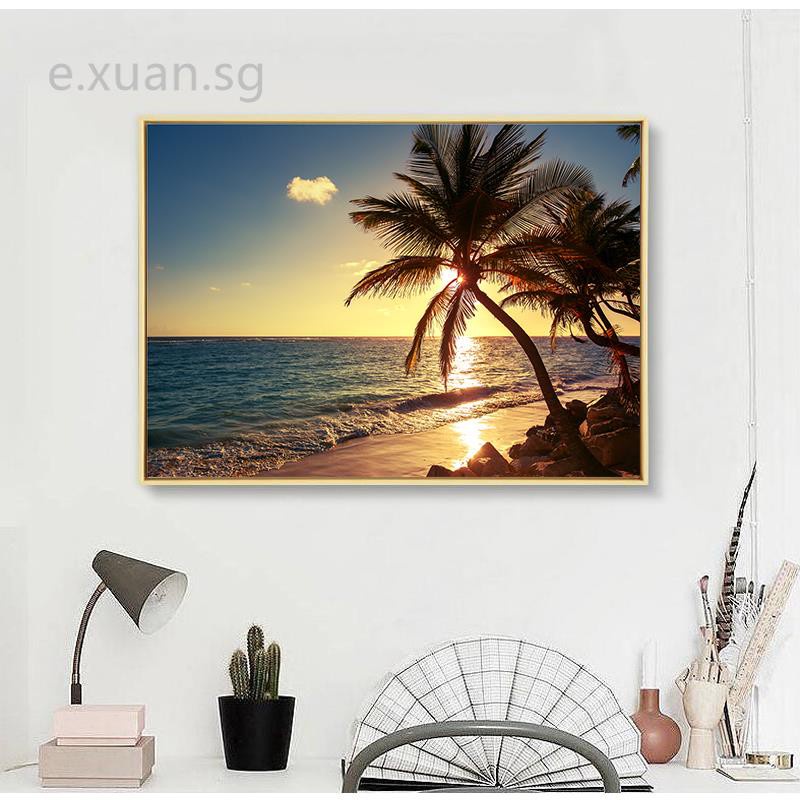 Sunset Sea View Tropical Miami Beach Seaside Landscape Coco Nut Tree Poster Prints Canvas Art Wall Art Painting Picture