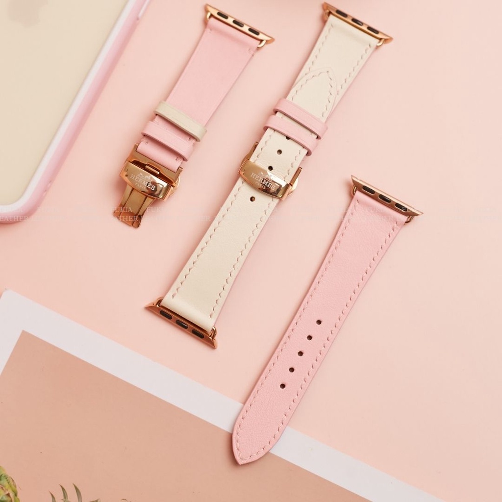 Dây da thủ công Swift Hồng Mix đỉa Trắng dành cho Apple Watch, đồng hồ thông minh, đồng hồ cơ