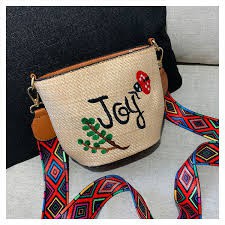 Túi cói green and joy dây thổ cẩm size 15 x 19cm - túi cói đeo chéo nữ dây thổ cẩm thêu họa tiết vintage