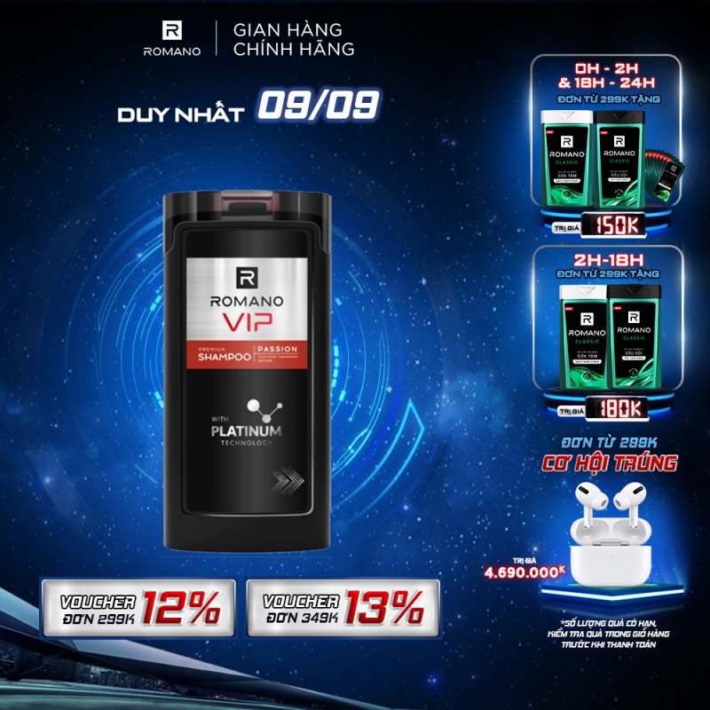 Dầu gội cao cấp Romano Vip Passion mạnh mẽ bí ẩn 180g/chai