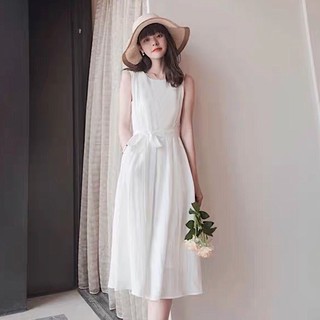 Đầm váy freesize trắng sát nách thắt eo