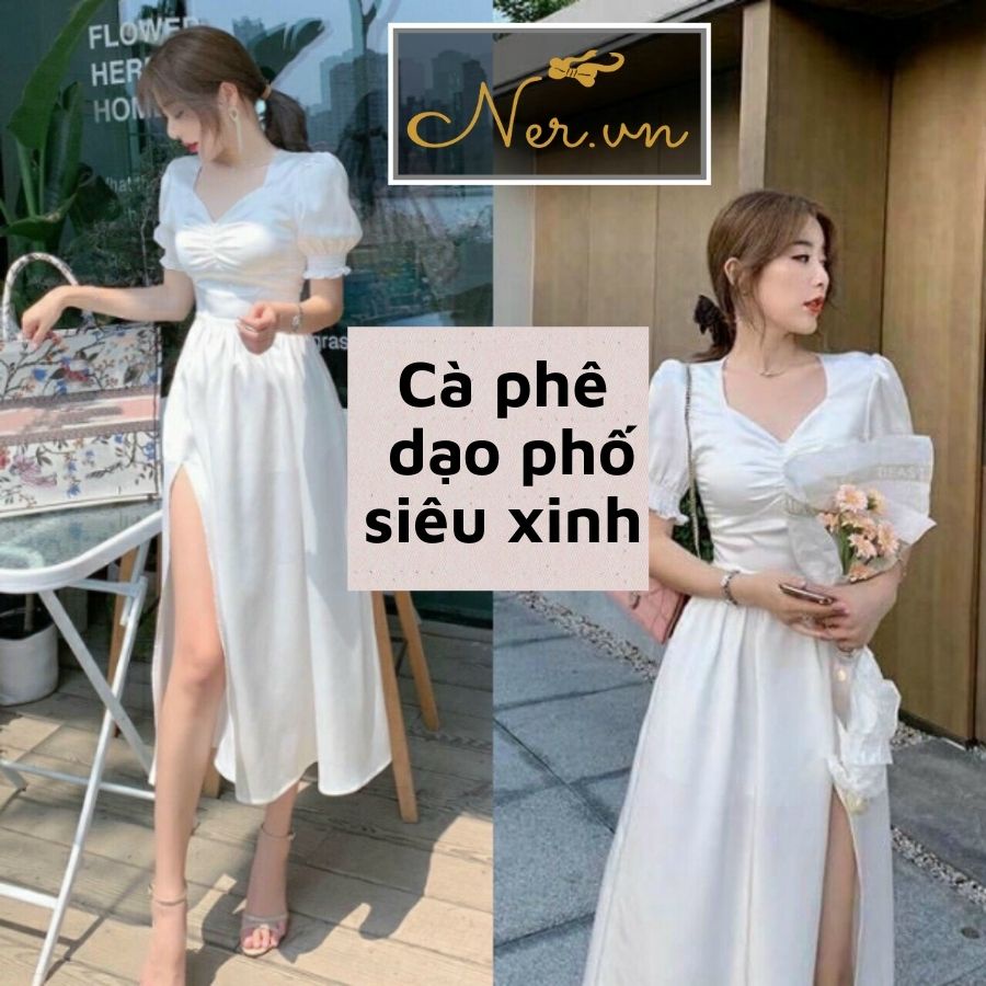 Đầm trắng đi tiệc cà phê dáng maxi vải lụa mềm mịn 2 lớp cao cấp 2021 tại xưởng may thời trang  NER N64