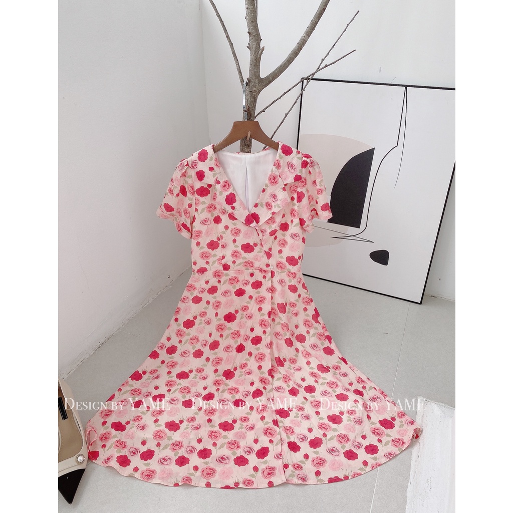 Váy hoa hồng cổ vest pink 2 lớp đi chơi đi du lịch YAME