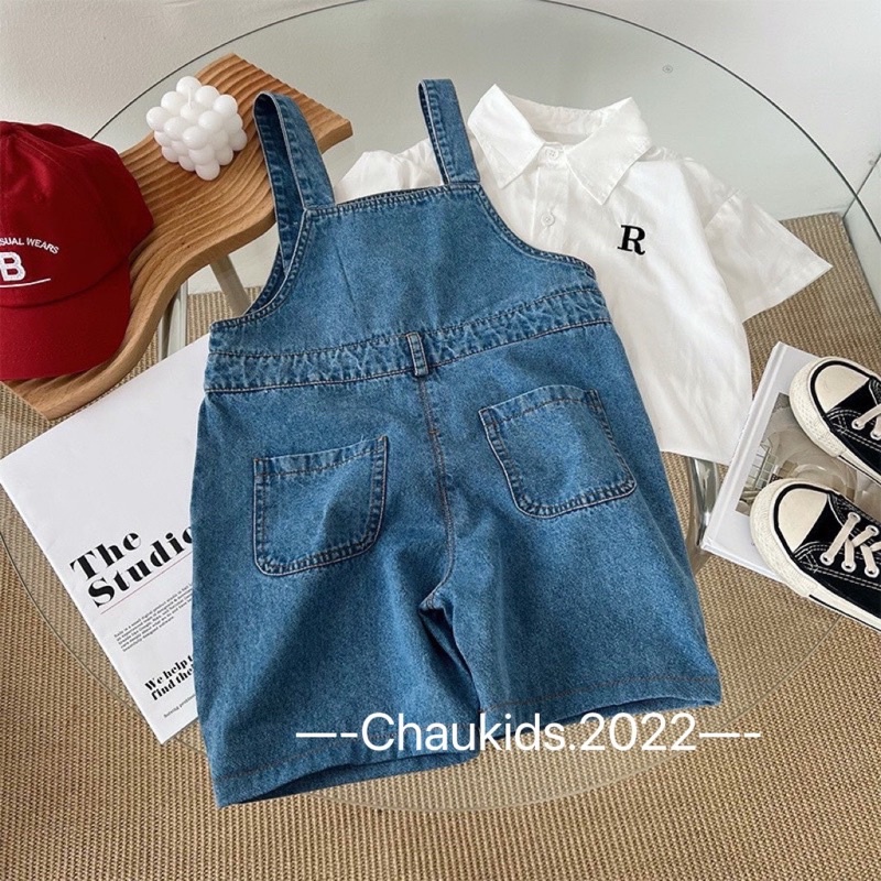 Set áo trắng R yếm jean cho bé trai