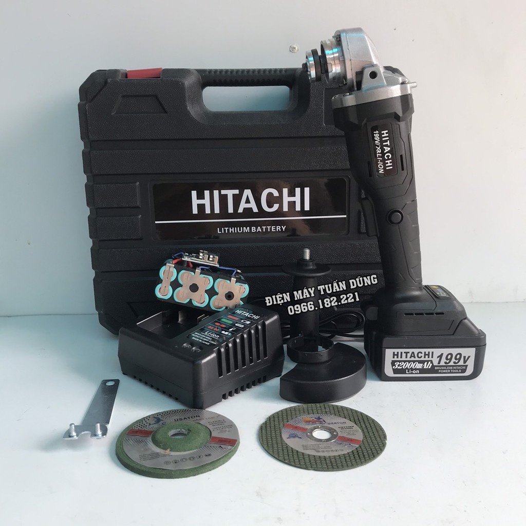 Máy mài cầm tay chạy pin Hitachi 199V - 2 PIN 32000mAh - Động cơ không chổi than - 100% Đồng TẶNG 1 ĐÁ MÀI VÀ 1 ĐÁ CẮT