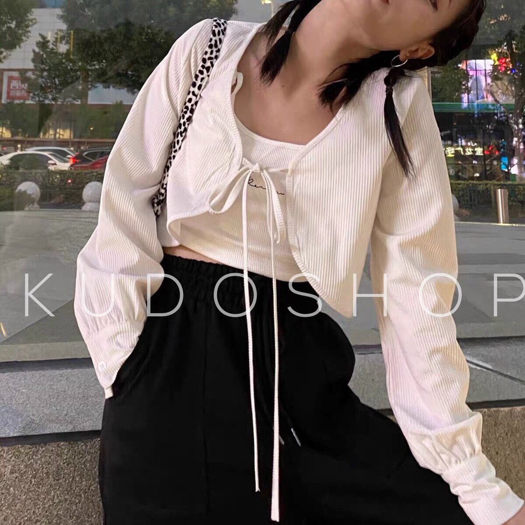 Áo khoác cardigan dài tay dây ngực buộc nơ điệu đà/ Áo kiểu nữ dáng ngắn phong cách ulzzang_kudoshop