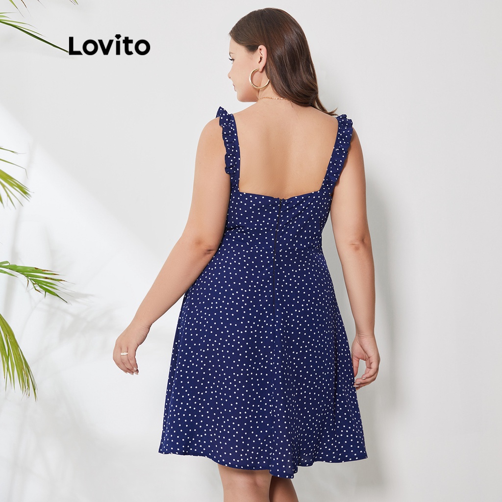 Váy trượt Lovito plus size chấm bi lai bèo xếp nếp thanh lịch không vón cục xơ LPS01012 (xanh dương đậm)