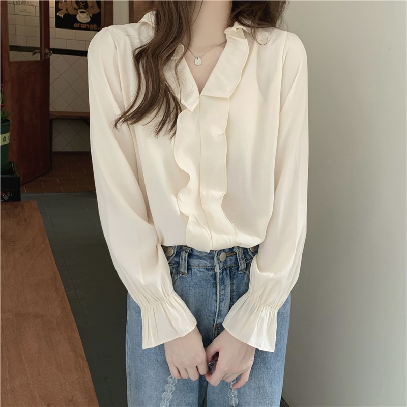 Áo Sơ Mi Chiffon Tay Dài Cổ Chữ V Phối Bèo Dễ Phối Đồ Thời Trang 49822