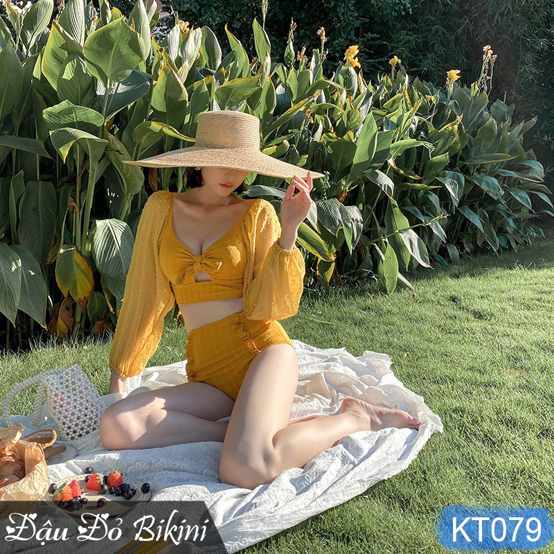 Bikini sexy nữ tay bồng điệu đà, siêu đẩy vòng 1, quần cạp cao che bụng phối bèo nhún tinh tế, chất xịn đẹp | KT079