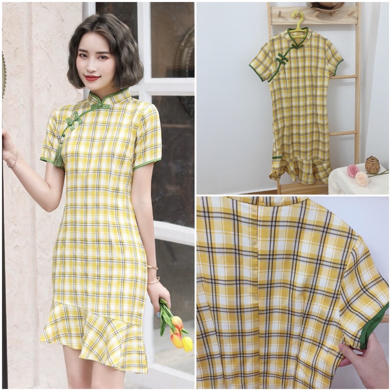 Sườn xám caro Trung Hoa trending dưới 68 kg