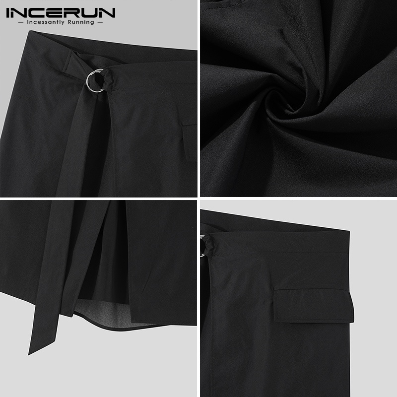 Chân váy INCERUN dài tới gối lưng cao phối dây thắt thời trang màu đen cho nam