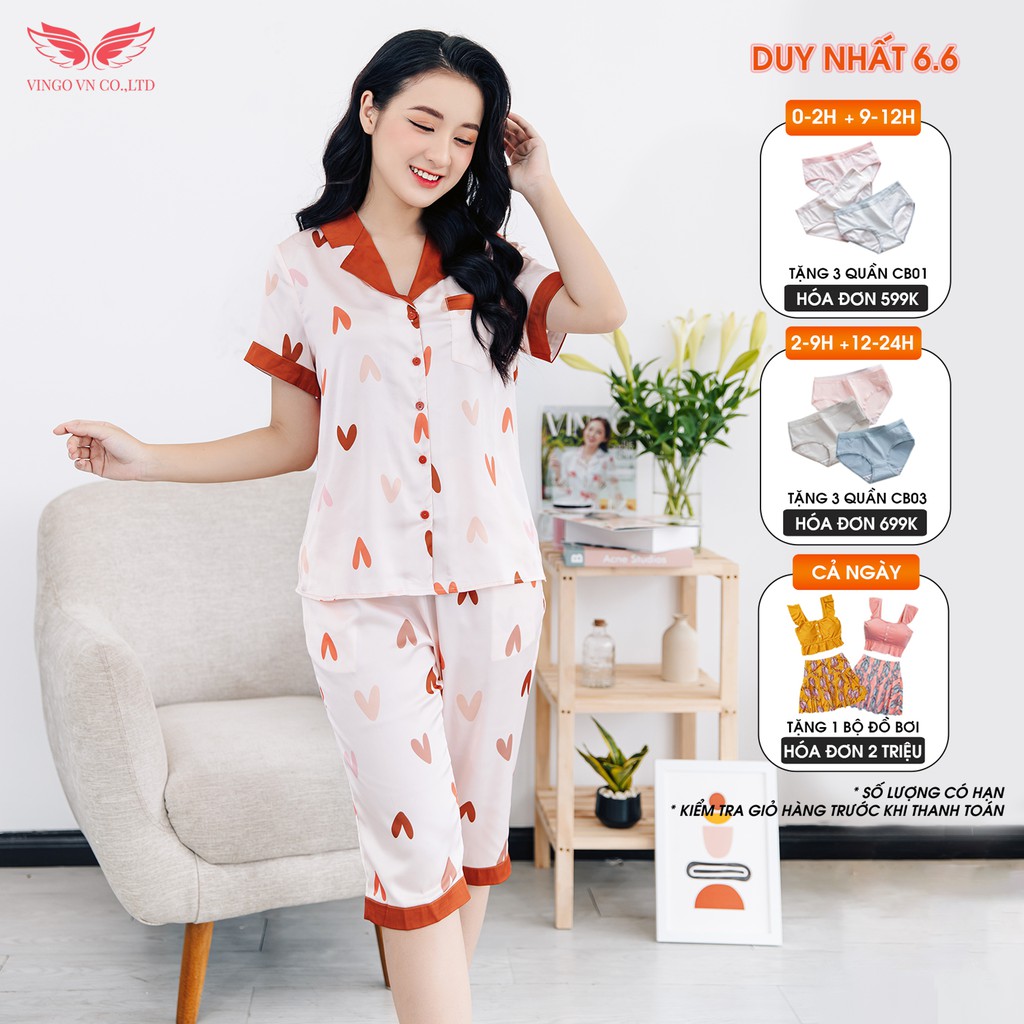 VINGO Bộ Đồ Mặc Nhà Nữ Kiểu Pijama Lụa Pháp Cao Cấp Tay Cộc Quần Lửng Họa Tiết Tim Nền Hồng H364 VNGO - TCQL