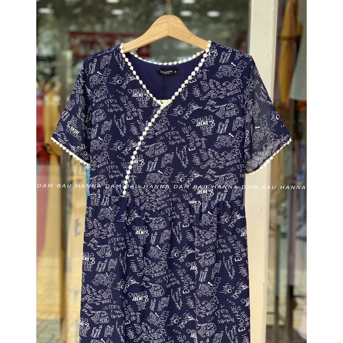 [HANNA] Đầm bầu công sở voan mát mùa hè dài qua gối  có size 40-80kg vải 2 lớp mềm mát không nhăn có túi bên sườn