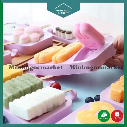 Khuôn làm kem silicon Tặng kèm 50 que làm kem hình cute có nắp đậy bằng nhựa