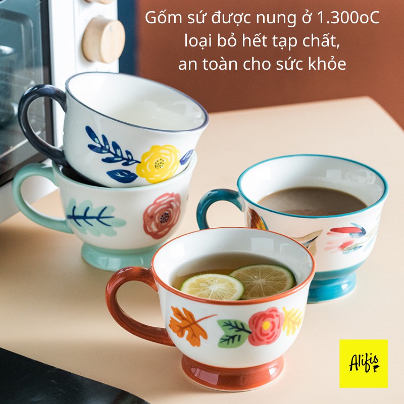 Cốc sứ, ly sứ dễ thương họa tiết hoa bốn mùa siêu xinh 404ml – phong cách Bắc Âu