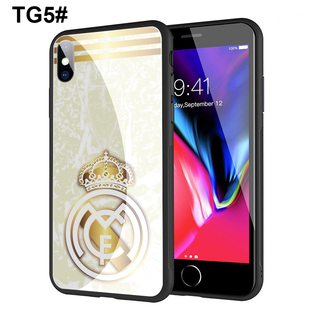 Ốp lưng kính cường lực hình logo đội bóng Real Madrid cho iPhone Xr Xs Max 7 8 6s 6 Plus 7+ 8+ 5 5s New SE 2020