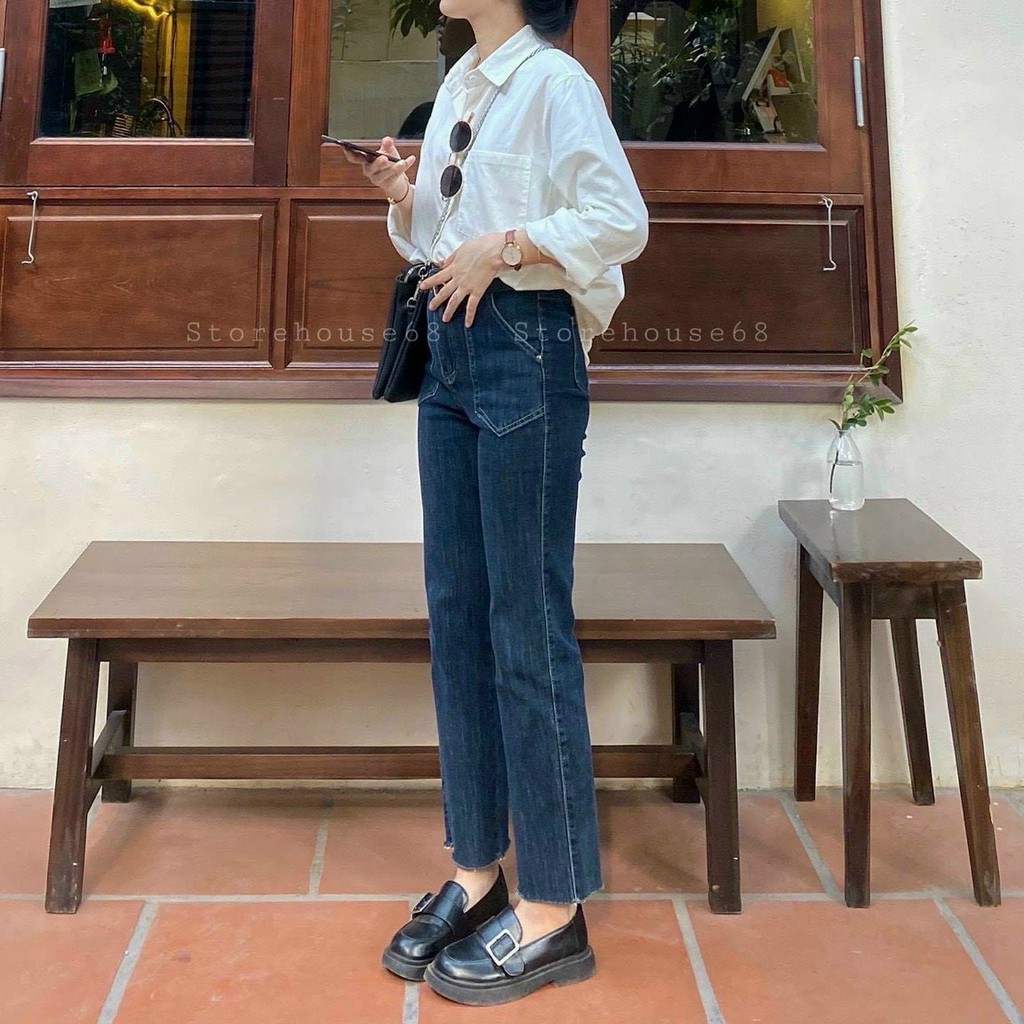 Quần bò nữ ống đứng,quần jean ống suông,xuông cạp cao,jeans ống rộng co giãn túi trước phong cách Hàn Quốc