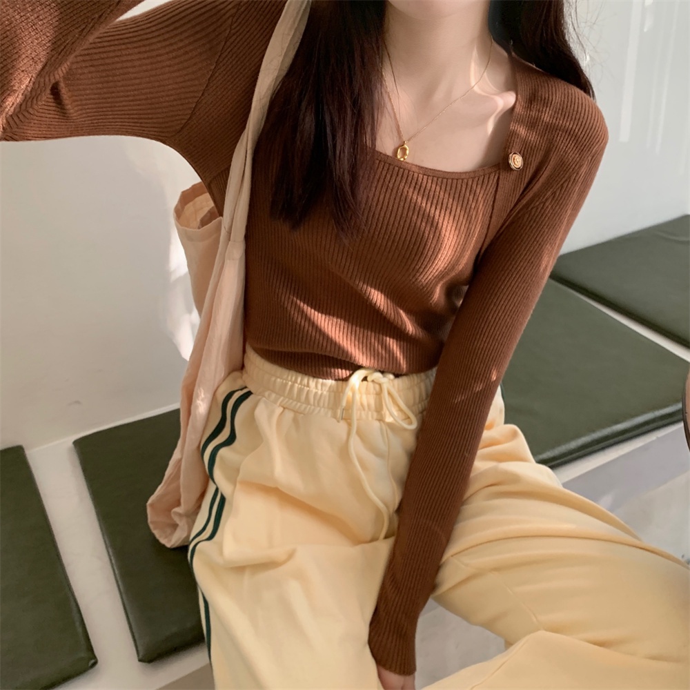 Áo sweater ZHELIHANGFEI tay dài cổ vuông hở xương quai xanh phong cách sang trọng dễ phối đồ
