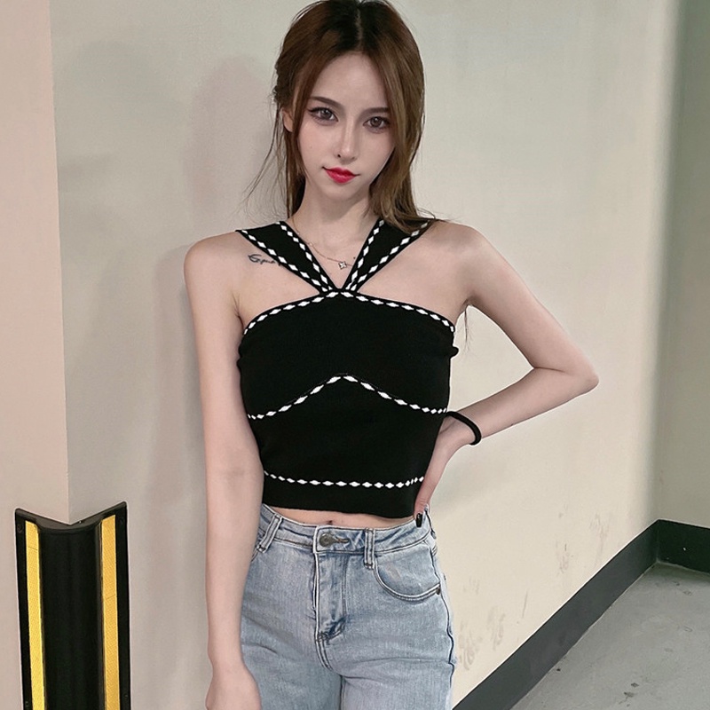 Áo Hai Dây Dệt Kim Hở Vai Họa Tiết Kẻ Sọc Thời Trang Mùa Hè Phong Cách Hàn Quốc Cho Nữ