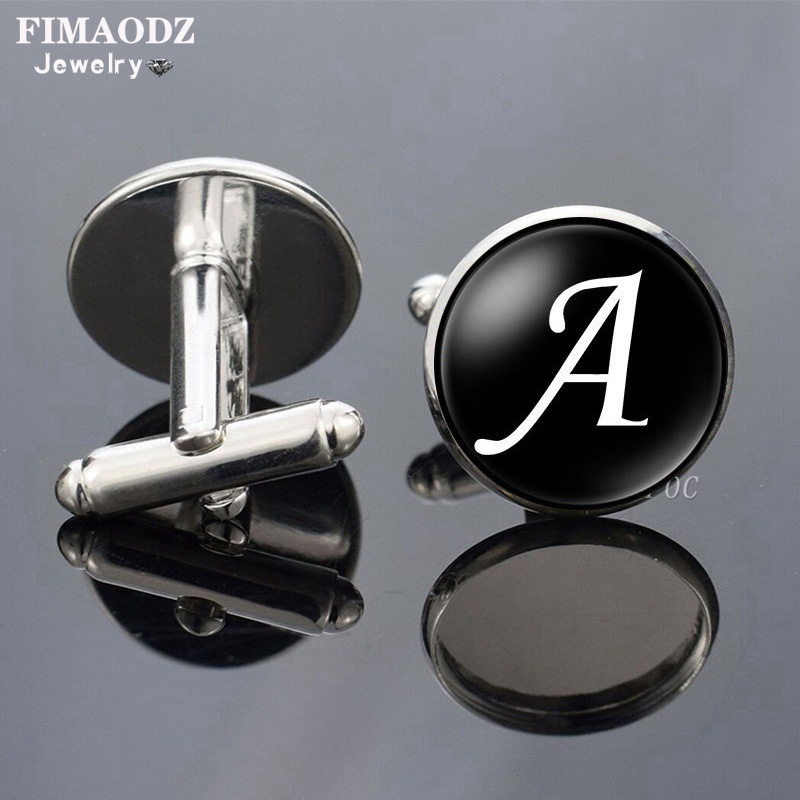 FIMAODZ Fashion A-Z Single Alphabet Cufflinks High Quality Glass Silver Color Letter Cuff Links for Mens Luxury Wedding Jewelry