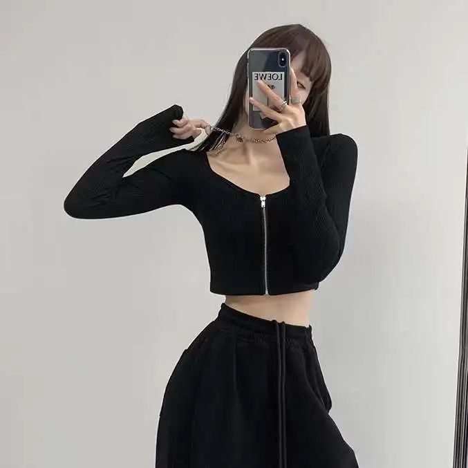Happy-store ❤️ Áo croptop tay dài dây kéo thun gân - Crt dài tay dây kéo chất đẹp