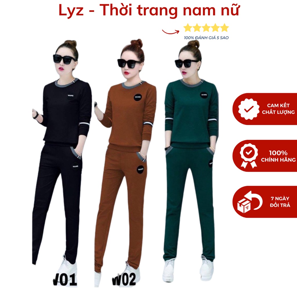 Set bộ đồ quần áo thun nữ thu đông dài tay chữ Wang ba màu đen, nâu, xanh rêu đủ size 43-70Kg