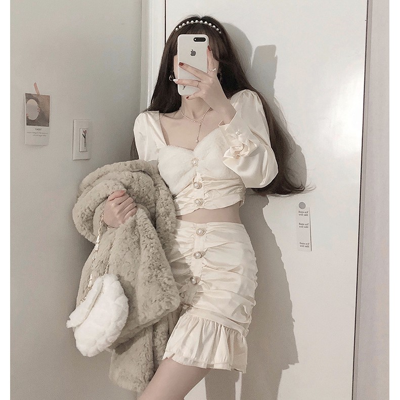 Set áo váy lụa nhún viền bèo dài tay