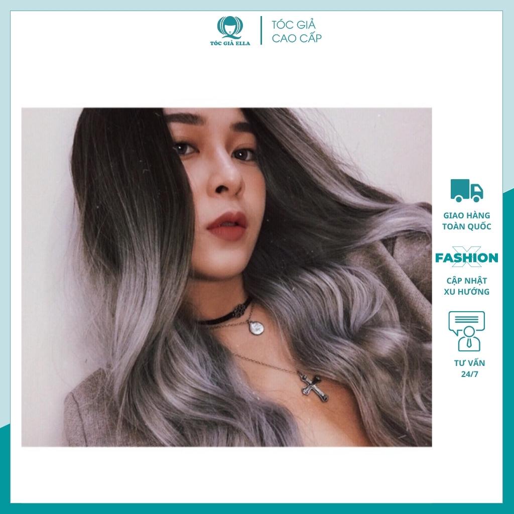 Tóc giả nữ cả đầu FREESHIPGiảm 5k khi nhập [TOCGIA5K]-Tóc giả nguyên đầu hai mái hất xù chân đen xám