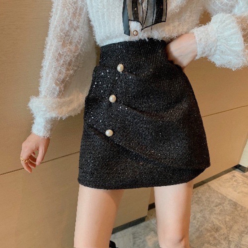 Set áo lông vũ + chân váy nhũ