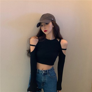 Áo thun tay dài trễ vai dây hở vai croptop ôm body cổ tròn ulzzang ( 4 màu )