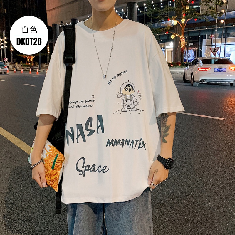 Áo thun cotton tay ngắn dáng rộng in hình cậu bé bút chì shin 3 màu tùy chọn size m-3xl cho nam