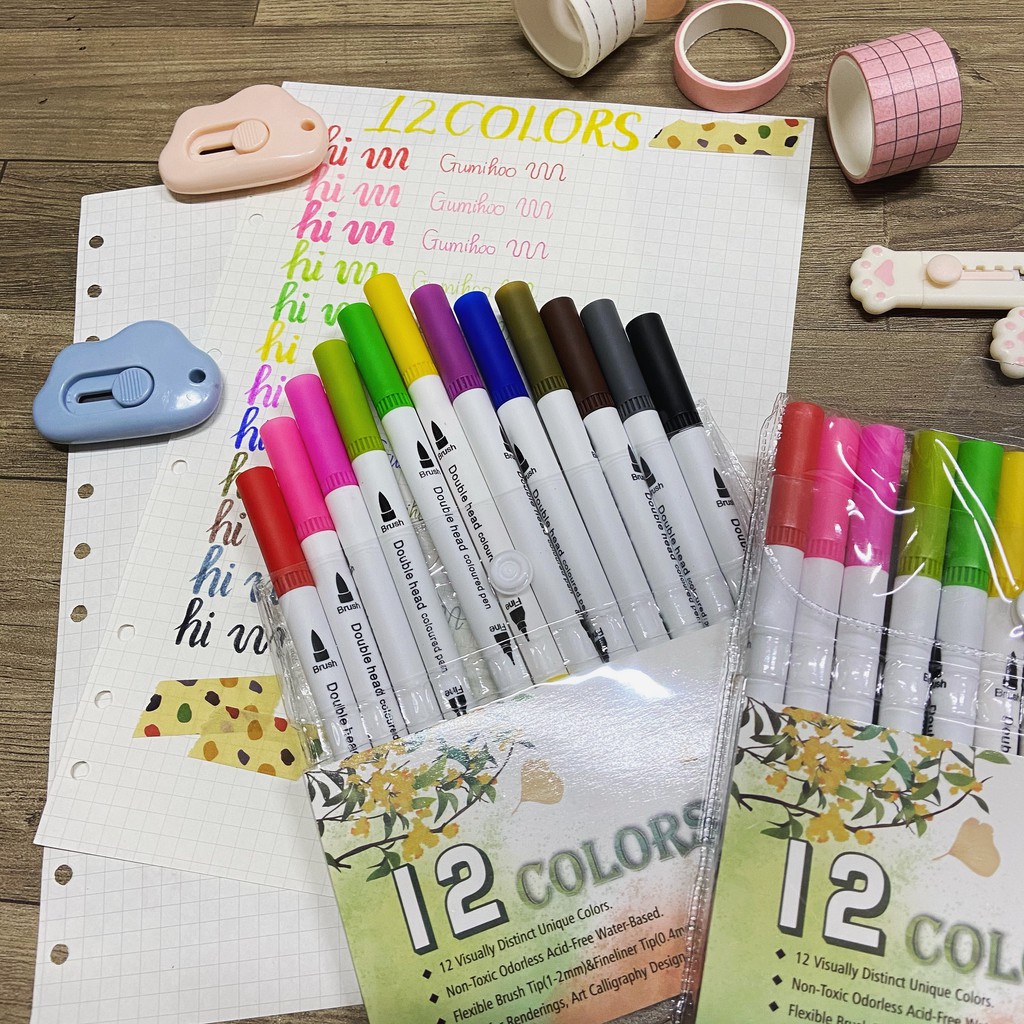 Set 12 Bút Highlight Brush ngòi lông 2 đầu mềm dạ quang bút calligraphy phụ kiện văn phòng phẩm