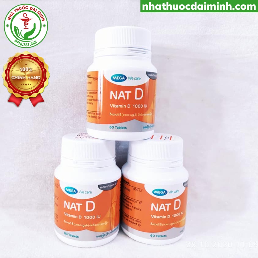 Nat D 1000 Lọ 30 Viên - Hỗ Trợ Bổ Sung Vitamin D3, Giúp Tăng Cường Hấp Thu Canxi Hỗ Trợ Xương Chắc Khỏe