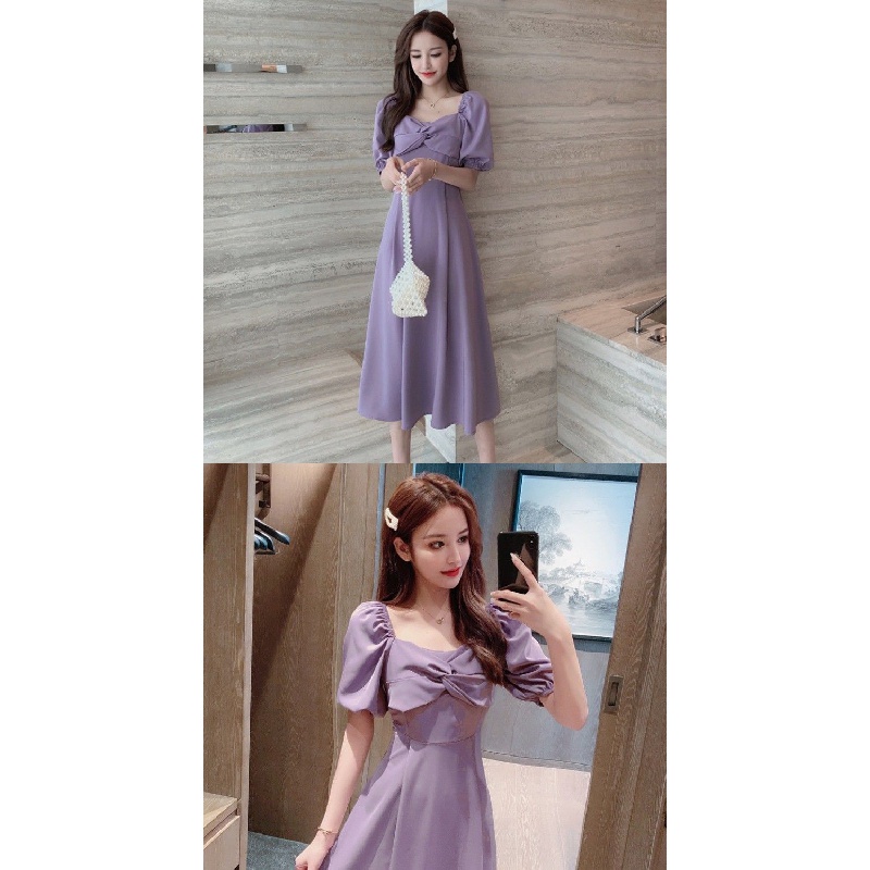 French Gentle Simple Temperament Long Dress2021Summer Fairy Square Collar Slimming Slimming Purple Elegant Dress