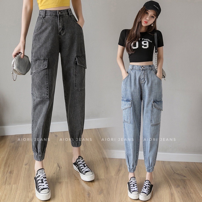 Quần Jeans Nữ, Quần Baggy Jeans Lưng Cao Túi Hộp Ống Bo Túm Jogger Cạp Cao Form Ulzzang Phong Cách Thời Trang